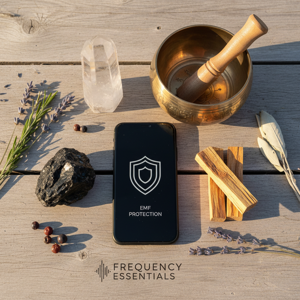 Black tourmaline beside phone for EMF protection, palo santo, tibetan singing bowl and quartz crystal