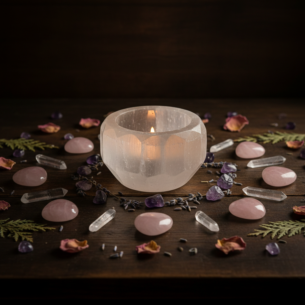 Selenite crystal charging bowl glowing in candlelight surrounded by rose quartz hearts and amethyst tumbles