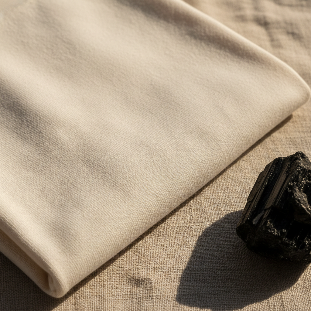 Close-up of organic cotton t-shirt fabric in natural white showing soft weave quality