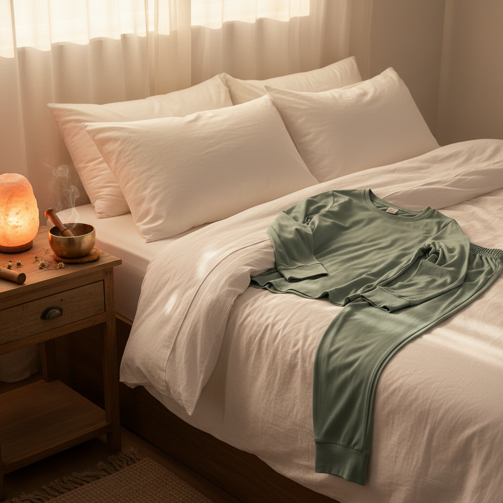 Organic bamboo pajama set on bed with himalayan salt lamp, tibetan singing bowl and herbal tea