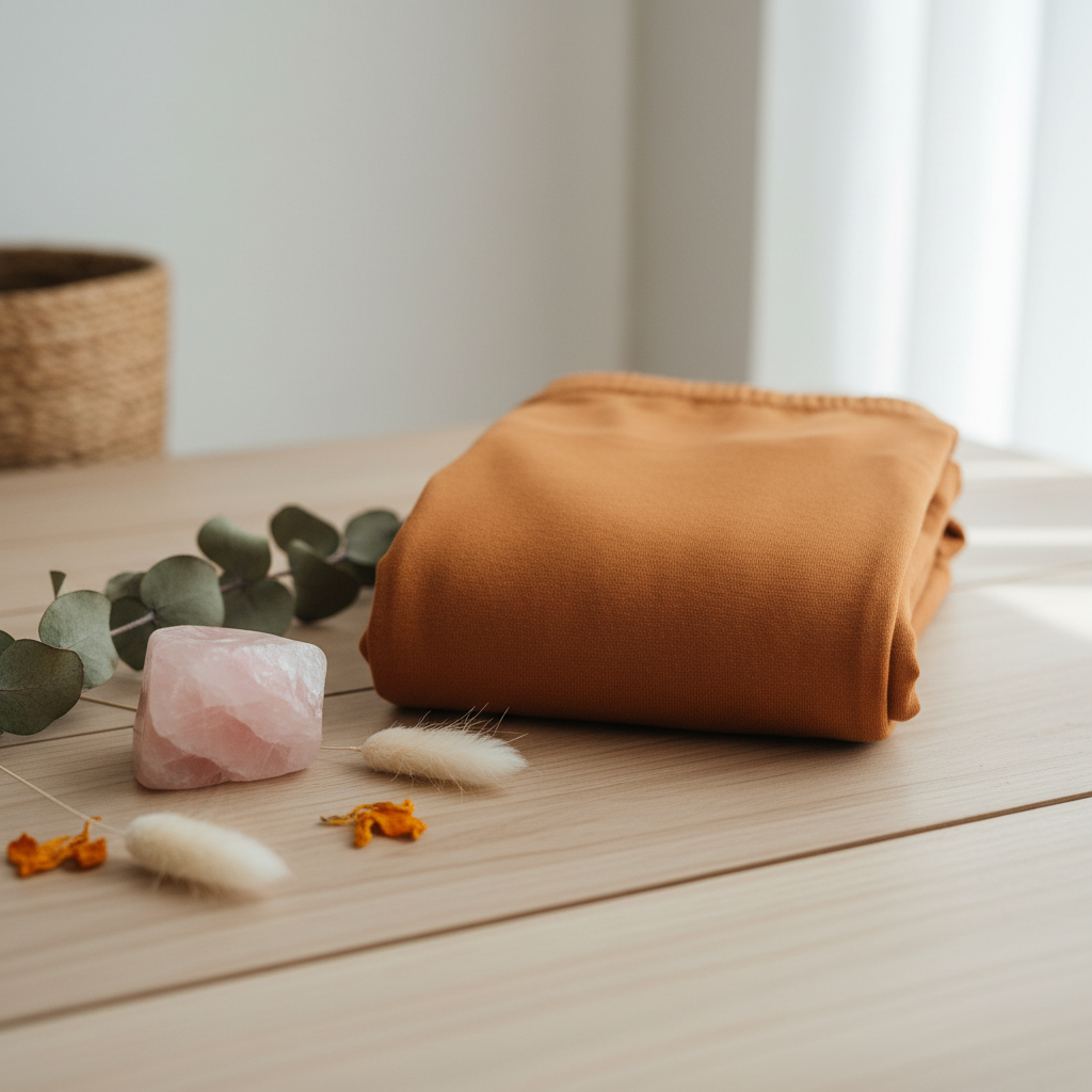 Organic cotton yoga leggings in warm ochre folded on wood surface with rose quartz and botanicals