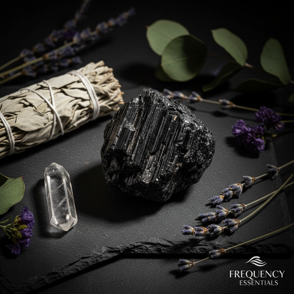Raw black tourmaline crystal on dark slate with dried sage, clear quartz and dried botanicals