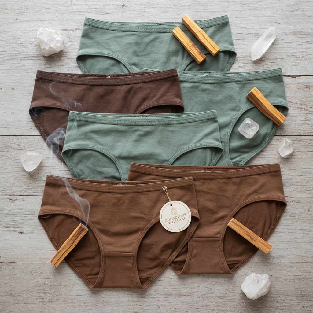 Women's organic underwear in earth brown and soft sage with palo santo and clear quartz