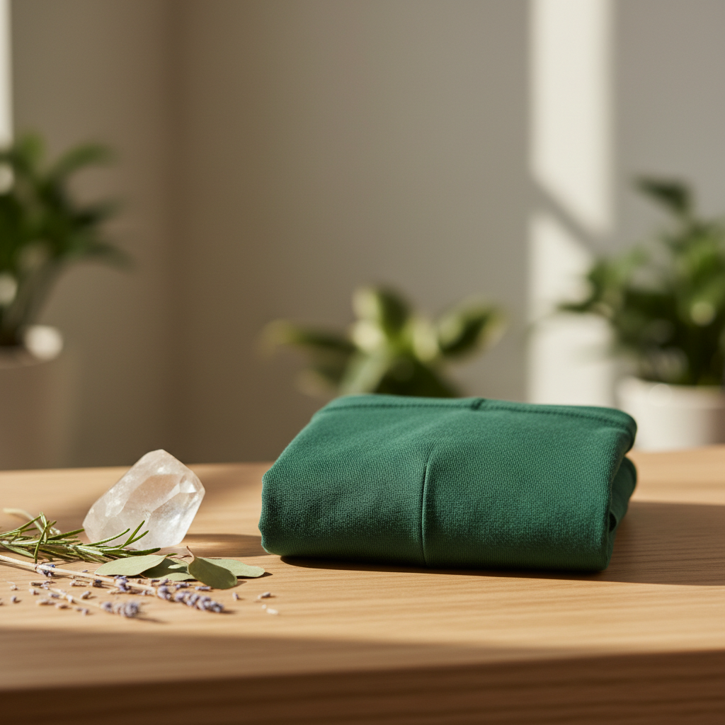 Organic cotton men's boxer briefs in forest green with clear quartz crystal and dried herbs on wood surface