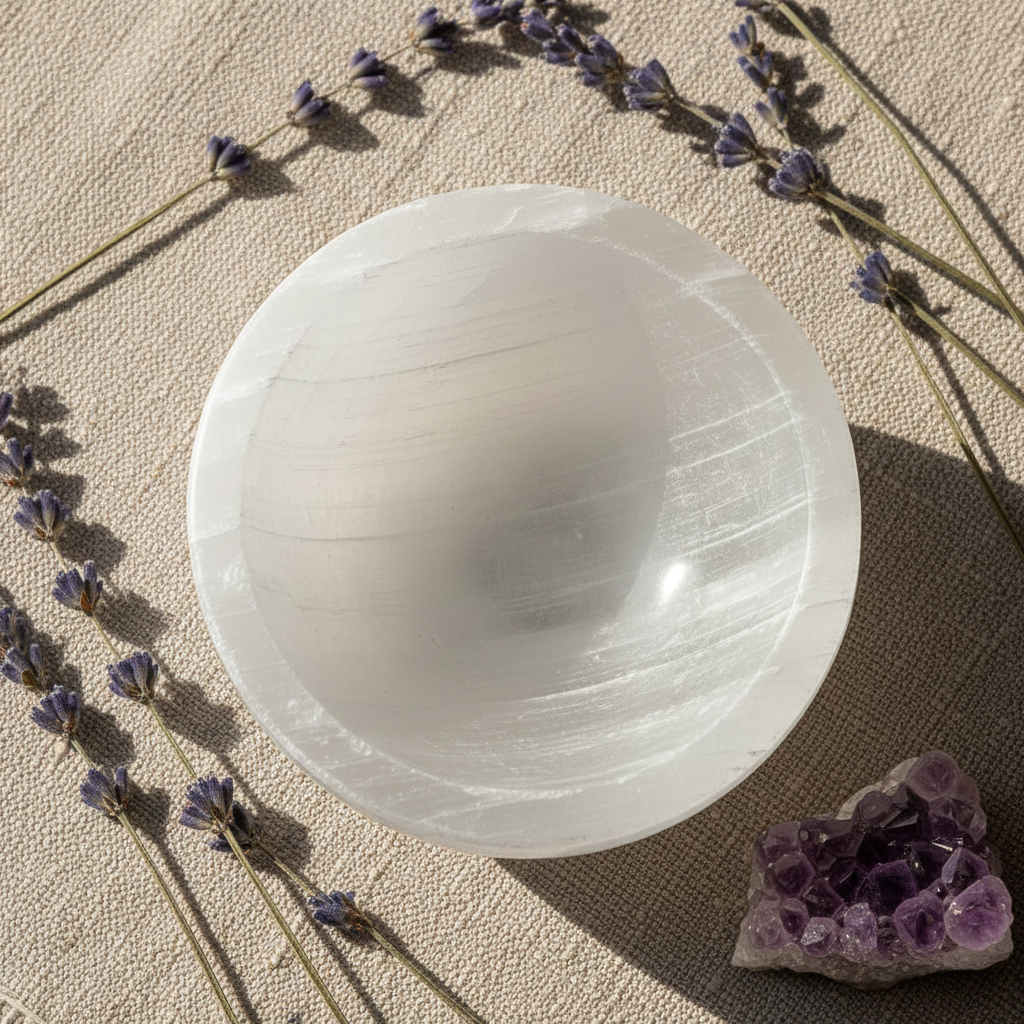 Close-up of white selenite crystal charging bowl showing natural striations and translucent quality