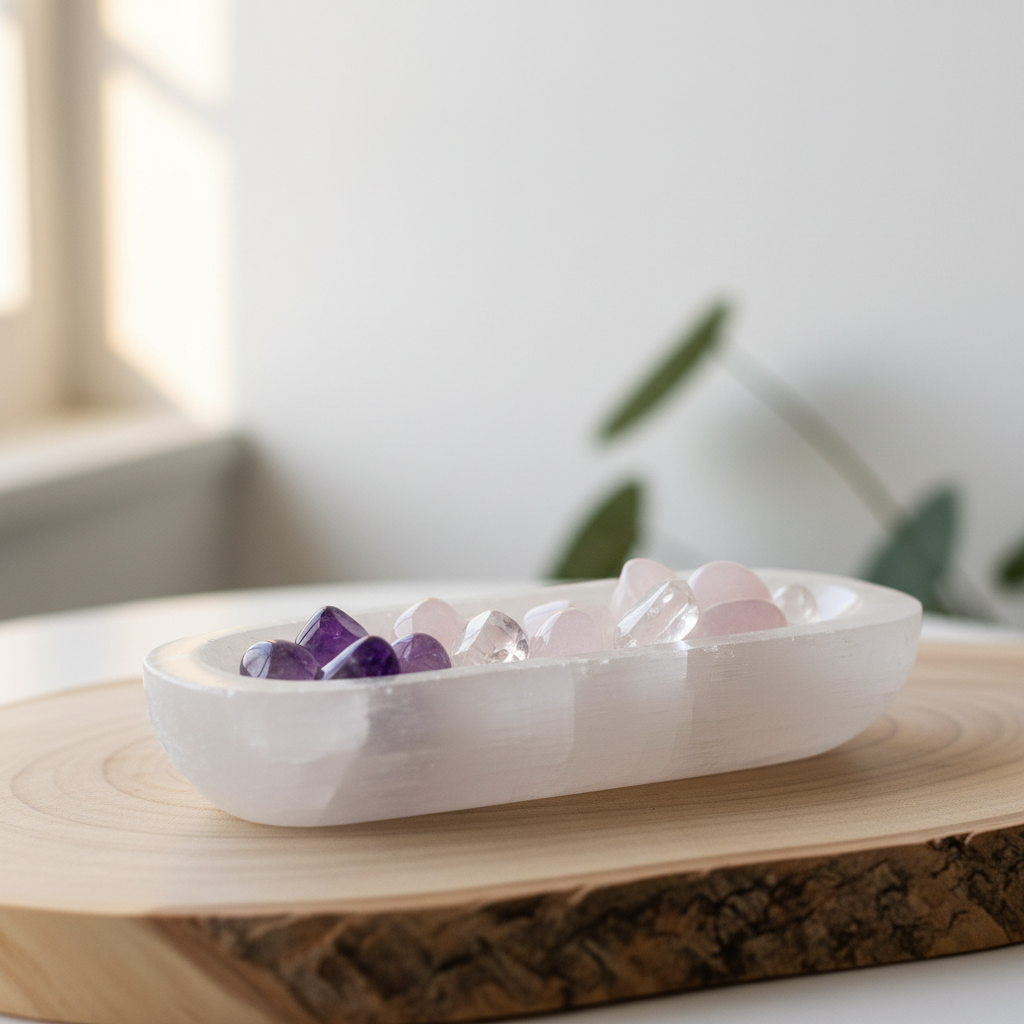 Selenite crystal charging bowl on wood surface with amethyst, rose quartz and clear quartz crystals inside