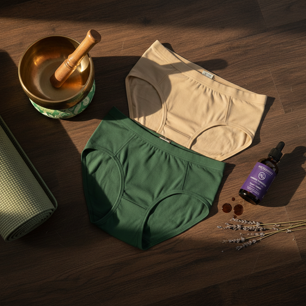 Organic women's underwear in forest green beside yoga mat and tibetan singing bowl