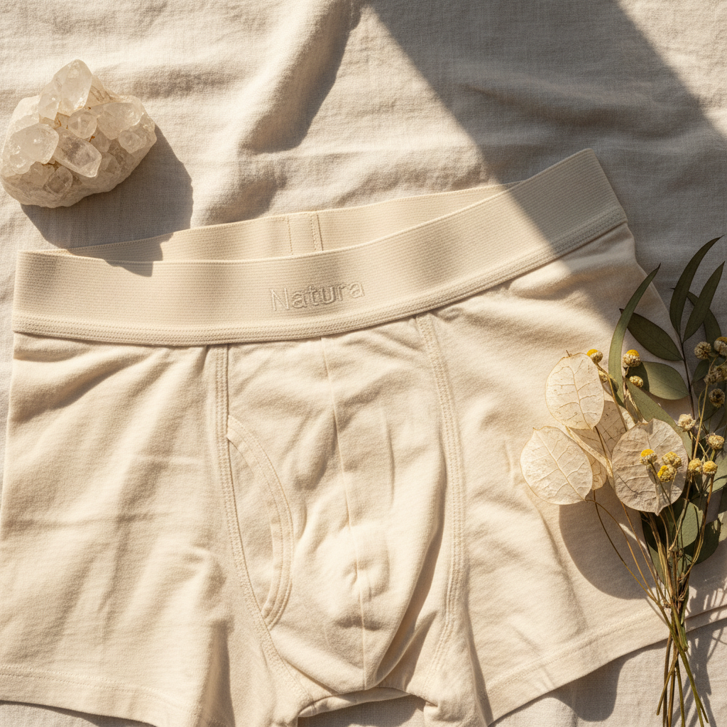 Organic cotton men's boxer briefs in natural ivory showing soft waistband and tagless design