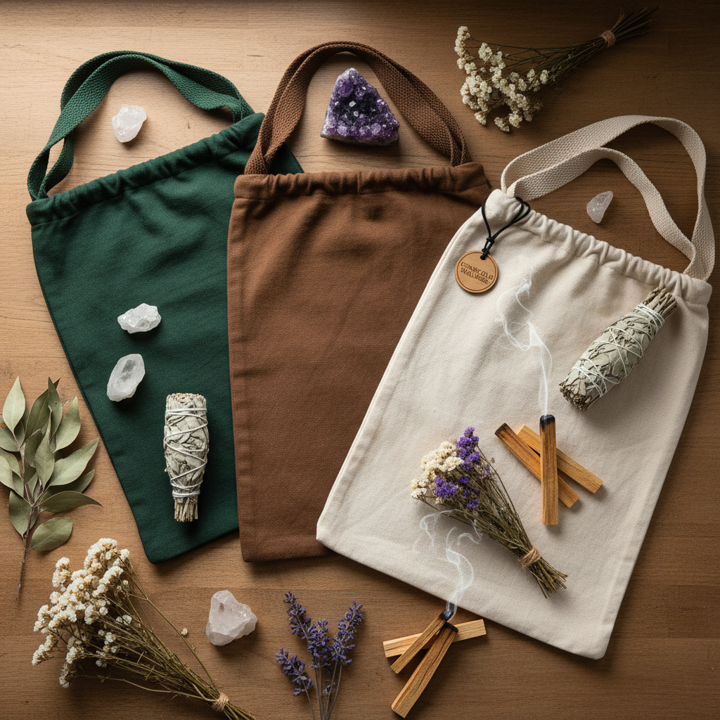Organic cotton yoga bags in forest green, earth brown and natural ivory flat lay with crystals